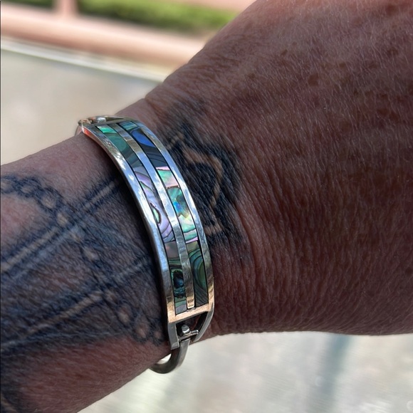 Vintage Alpaca Mexico Abalone Inlay Cuff Bracelet – Hinged Bangle - Picture 1 of 4